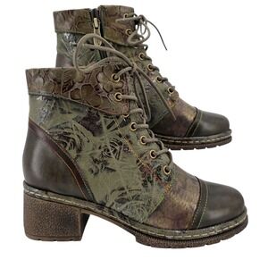 L'Artiste 38 Womens Olive FallinLuv Leather Floral Lace Up Heeled Boots